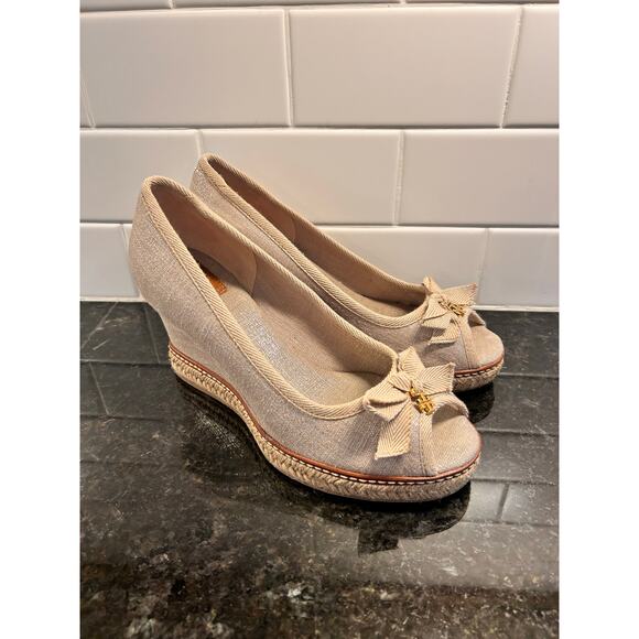 Tory Burch Jackie Canvas Natural Peep-Toe‎ Espadrille Wedges Metallic sheen 7.5 - Picture 3 of 12